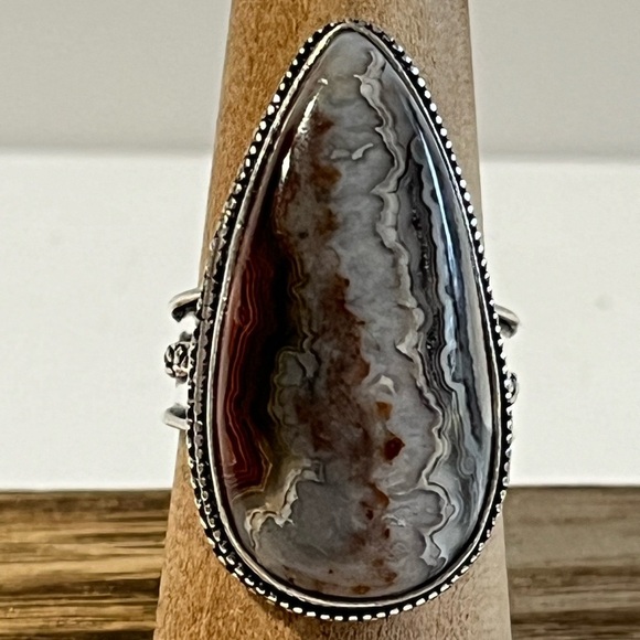 Artisan Jewelry - STAMPED 925 STERLING SILVER OVERLAY CRAZY LACE AGATE GEMSTONE RING SIZE 9